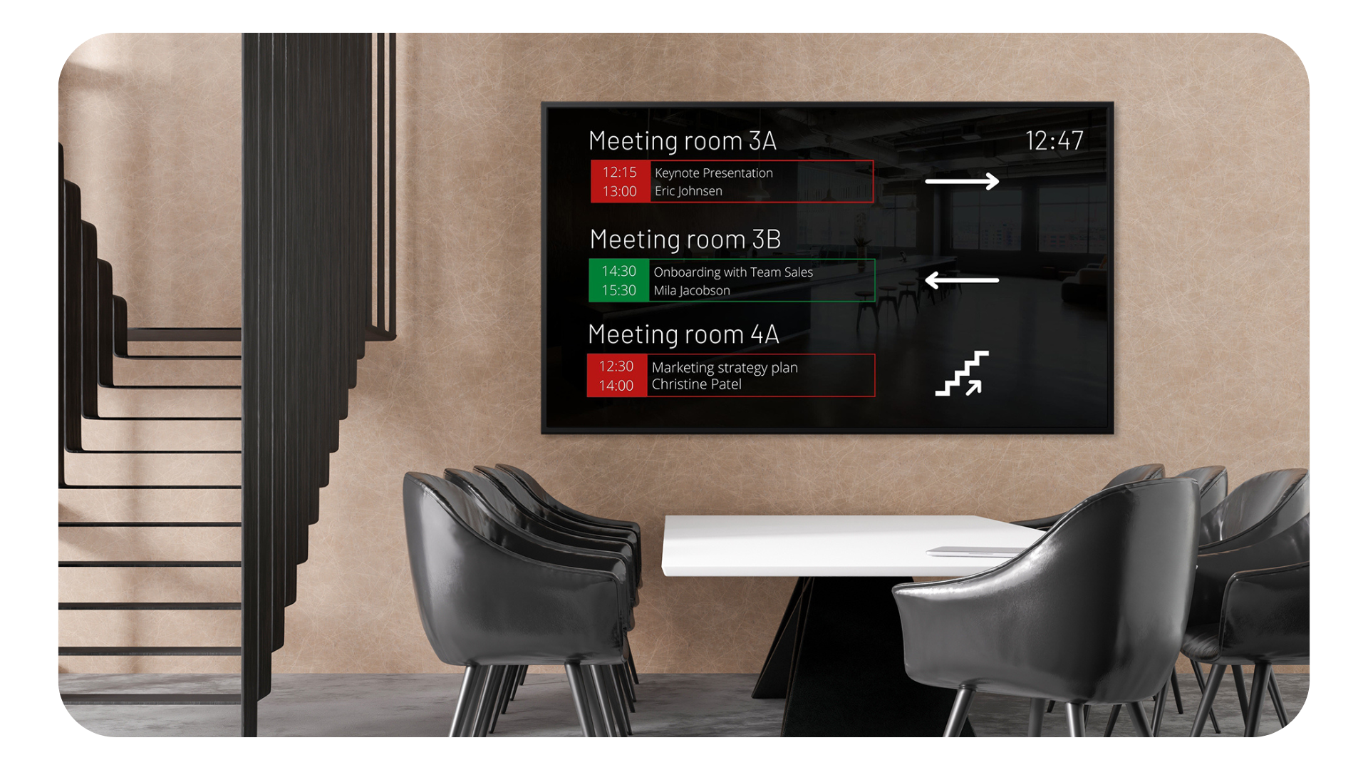 Databeat Doorsign - Overview example displaying multiple resources on one digital signage display to inform visitors where to go (wayfinding) and what the meeting room status is before arriving.