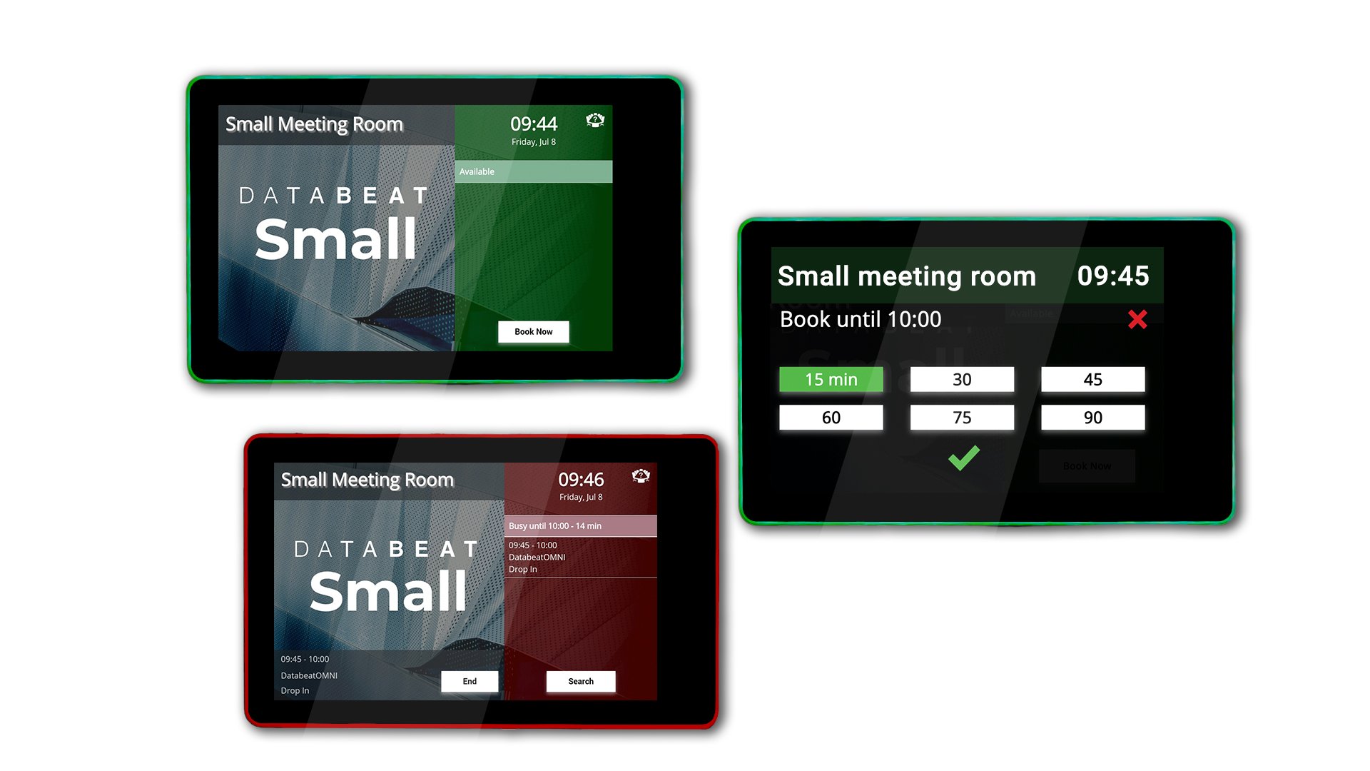 Databeat Doorsign example running on a Databeat DS10 digital signage media player with touch booking capabilities and RGB led lights to indicate meeting room status