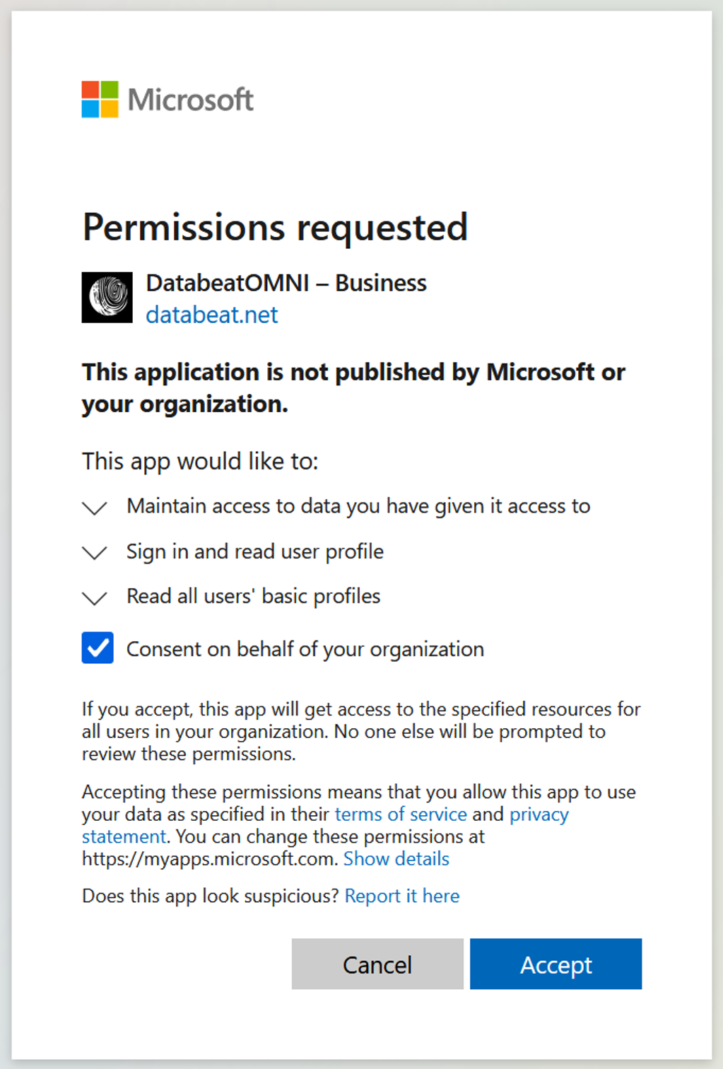 DatabeatOMNI Enterprise application - Sign in permissions requested by Microsoft