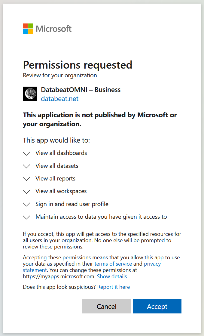 Delegated Permissions for the Power BI integration feature