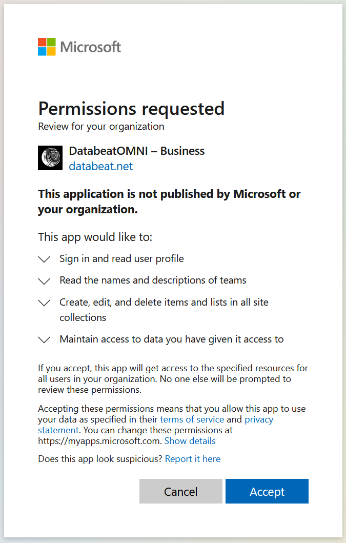 Delegated Permissions for the Teams and SharePoint integration feature