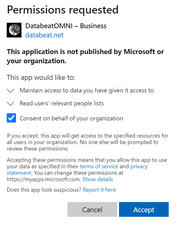 Permissions request by Databeat Booking step 2
