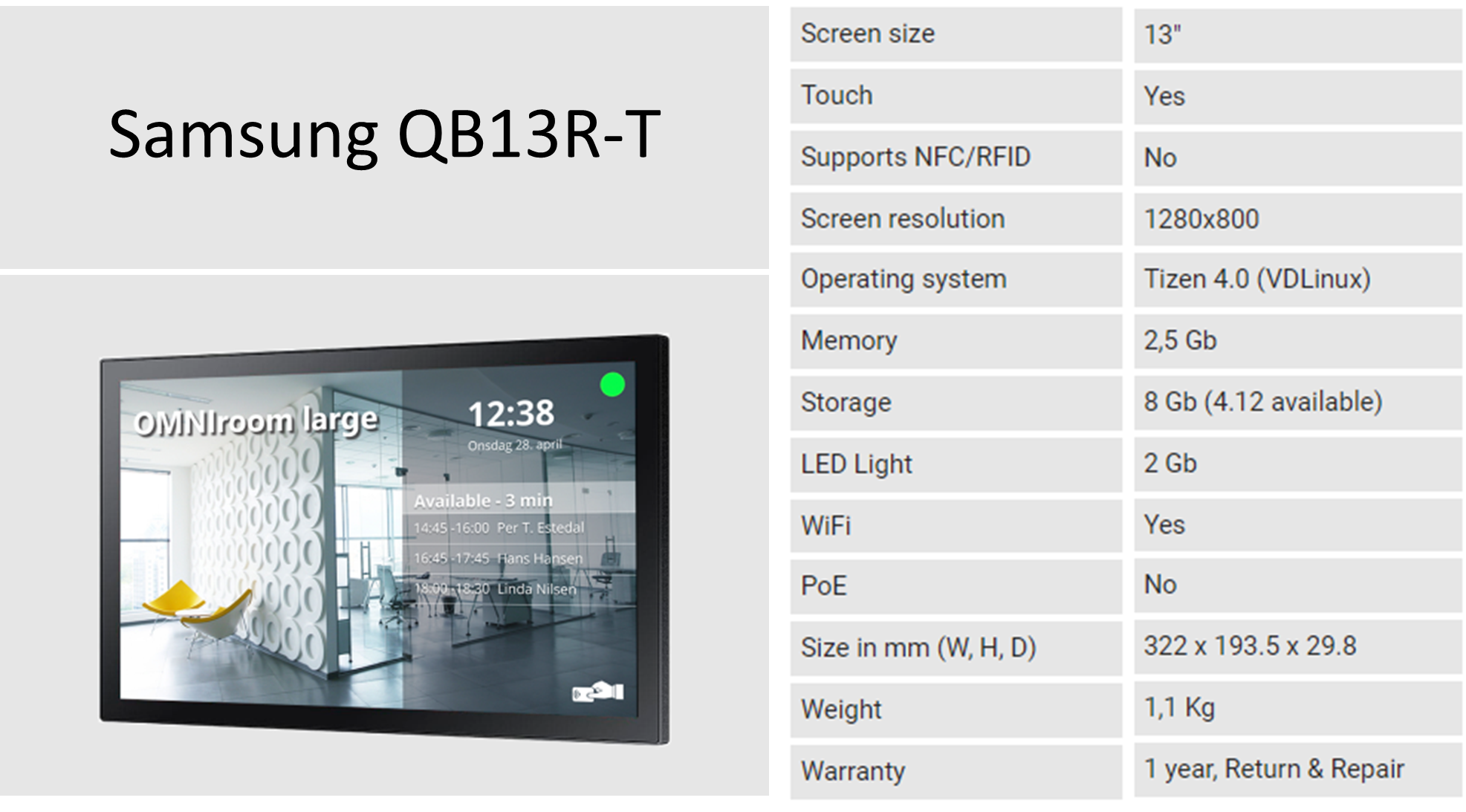 Samsung QB13R-T Specs